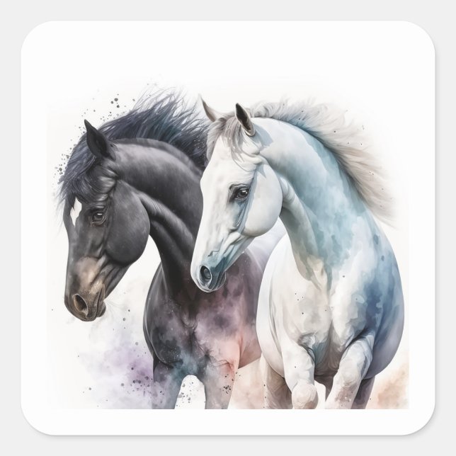 Sticker Carré Chevaux noir et blanc en aquarelle (Devant)
