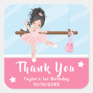 Sticker Carré Cheveux noirs Ballerina rose Merci d'anniversaire 