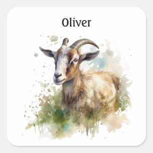 Sticker Carré chèvre dans un vert pâturage aquarelle personnalis