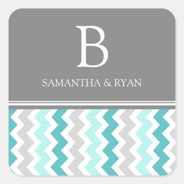 Sticker Carré Chevrons gris turquoise Monogramme Enveloppe Sceau (Devant)