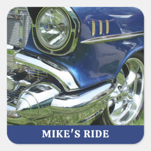 Sticker Carré Chevy Bleue 1957, Nom ou Message, Votre Photo