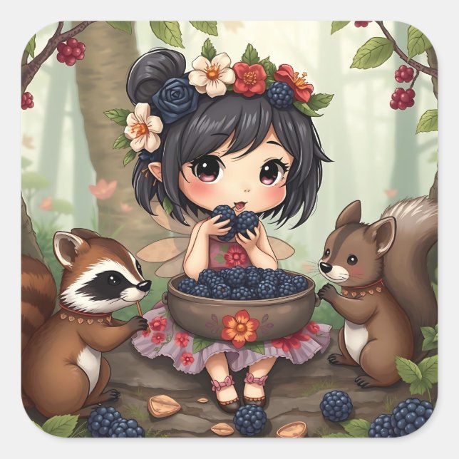 Sticker Carré Chibi Fairy Eating Blackberries with Forest Friend (Devant)