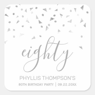Sticker Carré Chic 80e fête d'anniversaire Silver Confetti