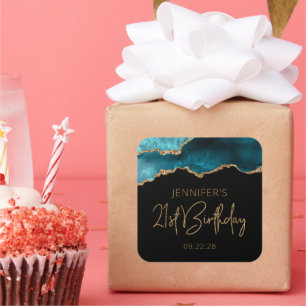 Sticker Carré Chic Agate Geode Gold Turquoise 21e fête d'anniver