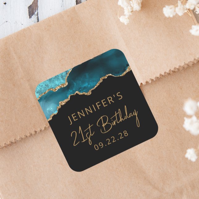 Sticker Carré Chic Agate Geode Gold Turquoise 21e fête d'anniver (Créateur téléchargé)
