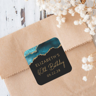 Sticker Carré Chic Agate Geode Gold Turquoise 40e fête d'anniver