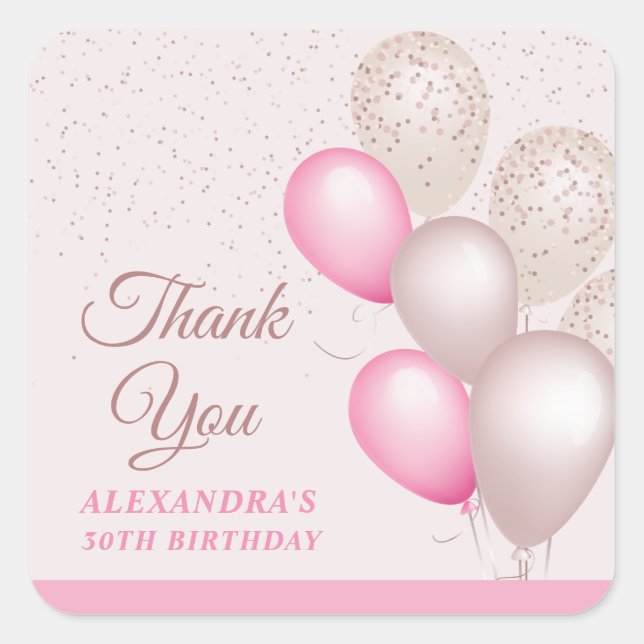 Sticker Carré Chic Ballons rose beige rose Merci d'anniversaire (Devant)