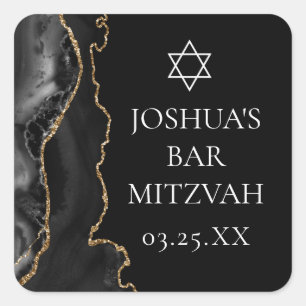 Sticker Carré Chic Black Gold Agate Bar Mitzvah Party