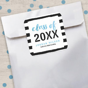 Sticker Carré Chic Black Stripes Blue Classe de 2025 Graduation
