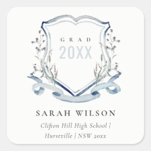 Sticker Carré Chic Bleu Fleur sauvage Aquarelle Crest Graduation