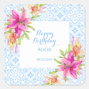 Sticker Carré Chic bleu portugais Azulejo Mosaic Lily Anniversai