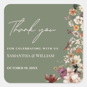 Sticker Carré Chic Boho Fleur sauvage Rustique Sage Mariage vert