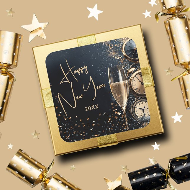 Sticker Carré Chic Champagne Time Happy New Year (Champagne Time Happy New Year Square Stickers)