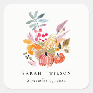 Sticker Carré Chic Citrouille de récolte d'automne Mariage d'aqu