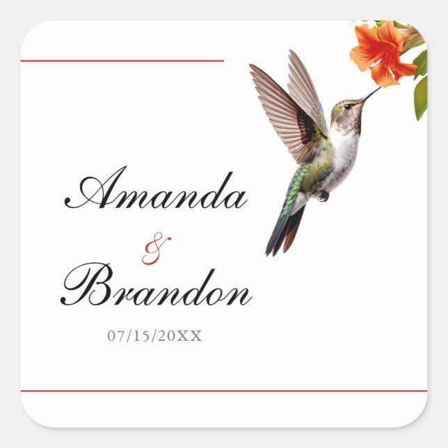 Sticker Carré Chic colibri et Mariage de fleurs orange (Devant)