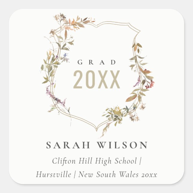 Sticker Carré Chic Dusky Rose Blush Fleur sauvage Crest Graduati (Devant)