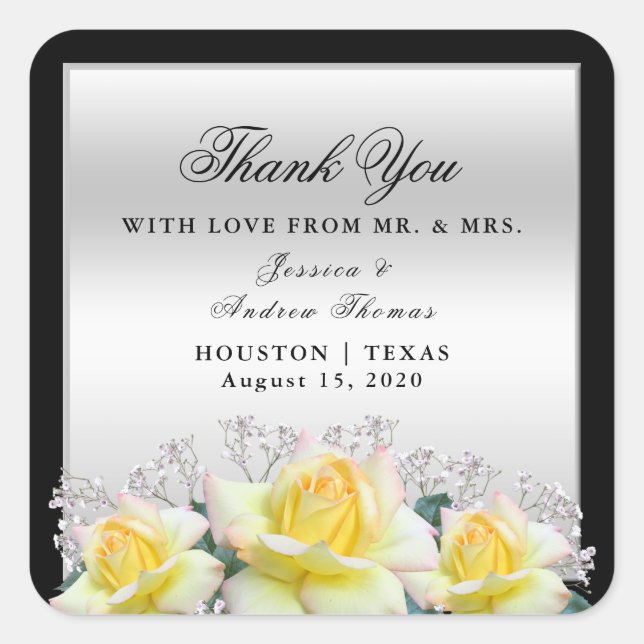 Sticker Carré Chic Elegant Rose Merci Mariage argent (Devant)