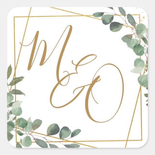 Sticker Carré Chic Eucalyptus Vert Mariage Faveur géométrique (Devant)