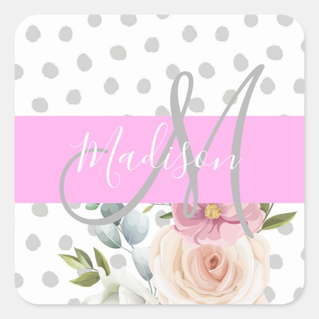 Sticker Carré Chic & Girl Floral Blanc rose Gris Nom (Devant)