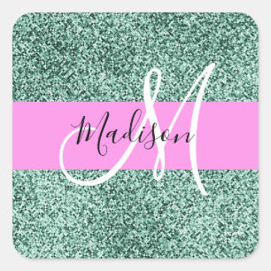 Sticker Carré Chic Glam Rose Vert Paillettes Étincelle Monogramm