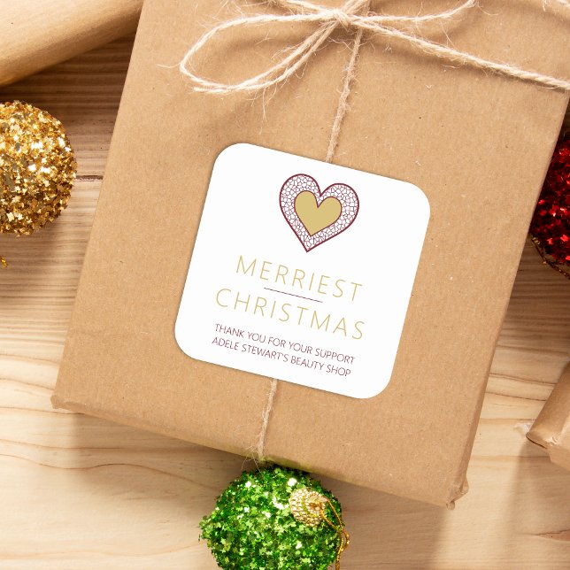 Sticker Carré Chic Merry Christmas Gold Heart Lace Effect Thanks (Chic Merry Christmas Fake Golden Heart Lace Effect Thanks Supporting Small Business Square Sticker.)
