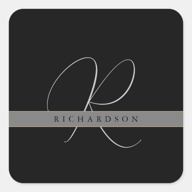 Sticker Carré Chic Monogramme Nom initial Charcoal Grey Black (Devant)