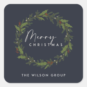 STICKER CARRÉ CHIC NAVY HOLLY BERRY WREATH CHRISTMAS