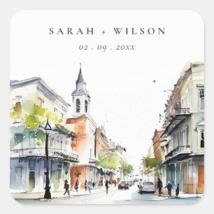 Sticker Carré Chic New Orleans Louisiana Mariage aquarelle
