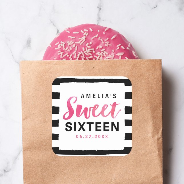 Sticker Carré Chic noir et blanc rayures rose doux 16 (Créateur téléchargé)