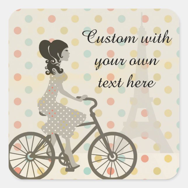 Sticker Carré Chic Paris Girl Riding Bike Dotty Texte Personnali (Devant)