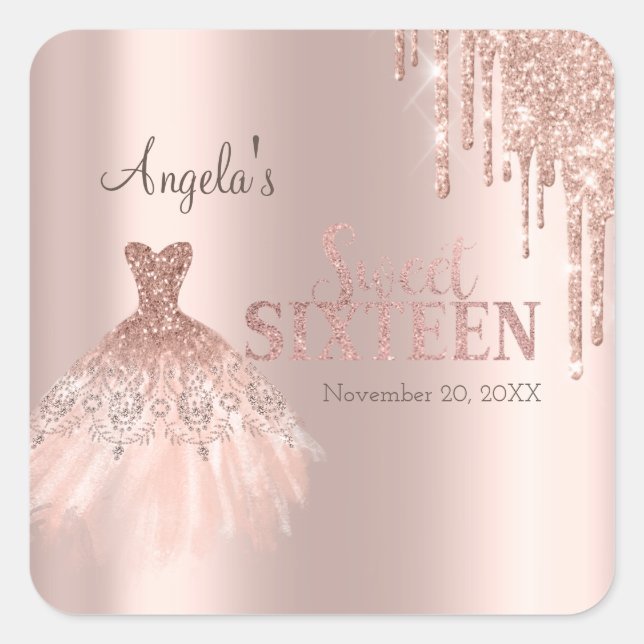 Sticker Carré Chic Parties scintillant  Rose Gold Sweet 16 (Devant)