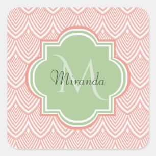 Sticker Carré Chic Pink Arched Scallops Soft Green Monogramme No