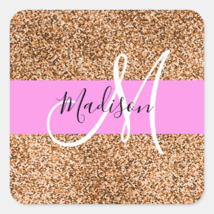 Sticker Carré Chic Rose & Citrouille Paillettes Monogramme Nom