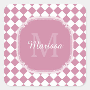 Sticker Carré Chic rose et blanc coché Nom monogrammé