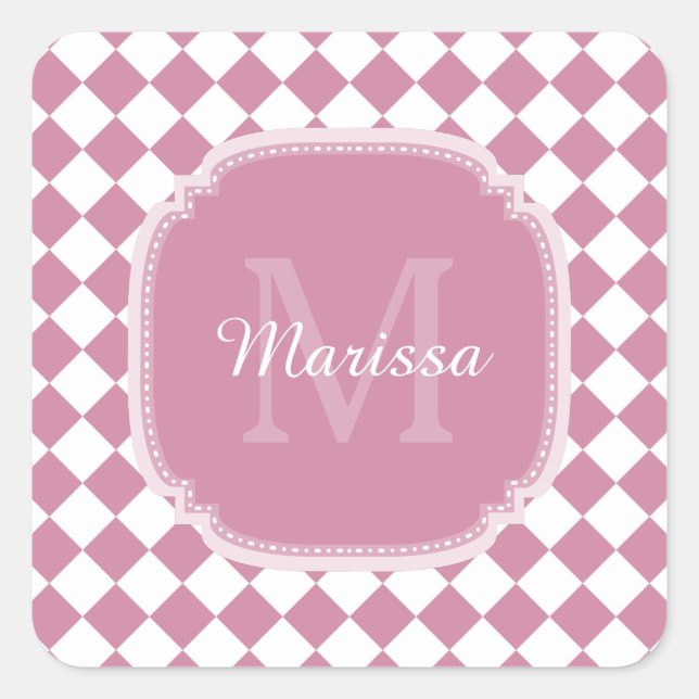 Sticker Carré Chic rose et blanc coché Nom monogrammé (Devant)