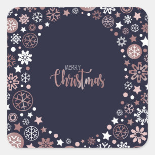 Sticker Carré Chic rose or métal flocons d'hiver