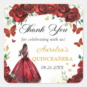 Sticker Carré Chic Roses Rouges Floral Quinceañera Princess Stic