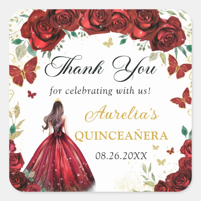 Sticker Carré Chic Roses Rouges Floral Quinceañera Princess Stic (Devant)