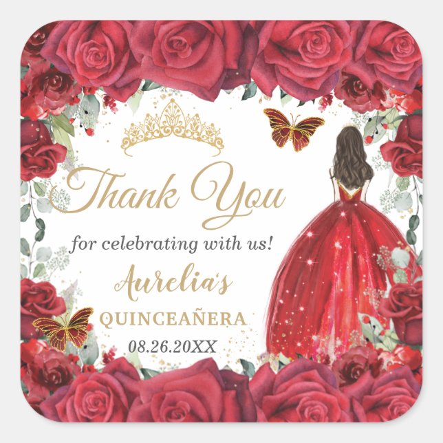 Sticker Carré Chic Roses Rouges Papillons Floraux Princesse Favo (Devant)