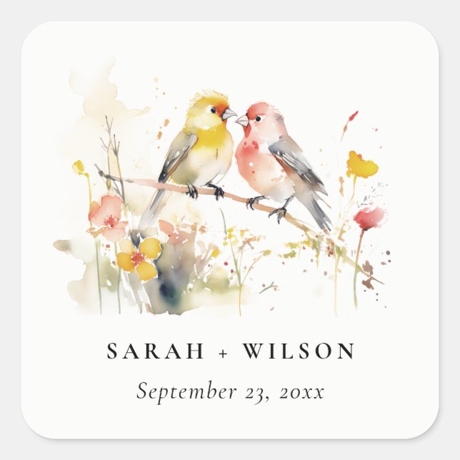 Sticker Carré Chic Wild Botanical Aquarelle Inséparables Mariage (Devant)