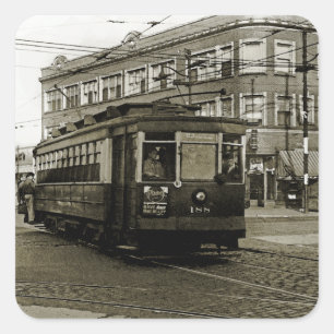 STICKER CARRÉ CHICAGO 63E ET OCCIDENTALE 1952 TROLLEY ART SEPIA