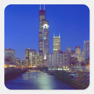 Sticker Carré Chicago, Illinois, Skyline la nuit avec Chicago