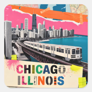 Sticker Carré Chicago Skyline Train Collage Pop Art Rétro Voyage