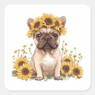 Sticker Carré Chien À Balle Français Entouré De Tournesols