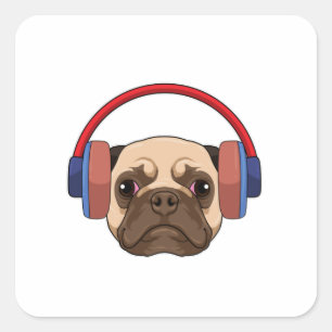 Sticker Carré Chien à la musique avec casque