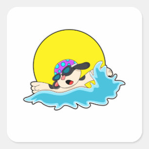Sticker Carré Chien à la natation avec lunettes de natation
