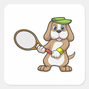 Sticker Carré Chien à Tennis avec raquette de tennis & Casquette