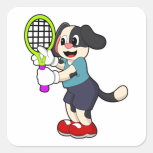 Sticker Carré Chien au tennis avec raquette de tennis