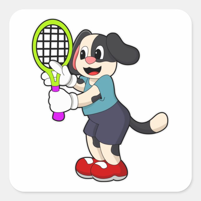Sticker Carré Chien au tennis avec raquette de tennis (Devant)