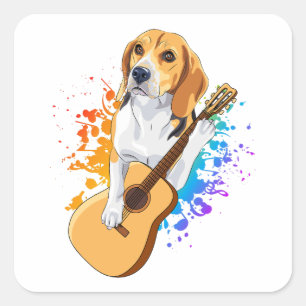 Sticker Carré Chien beagle jouant à la guitare acoustique
